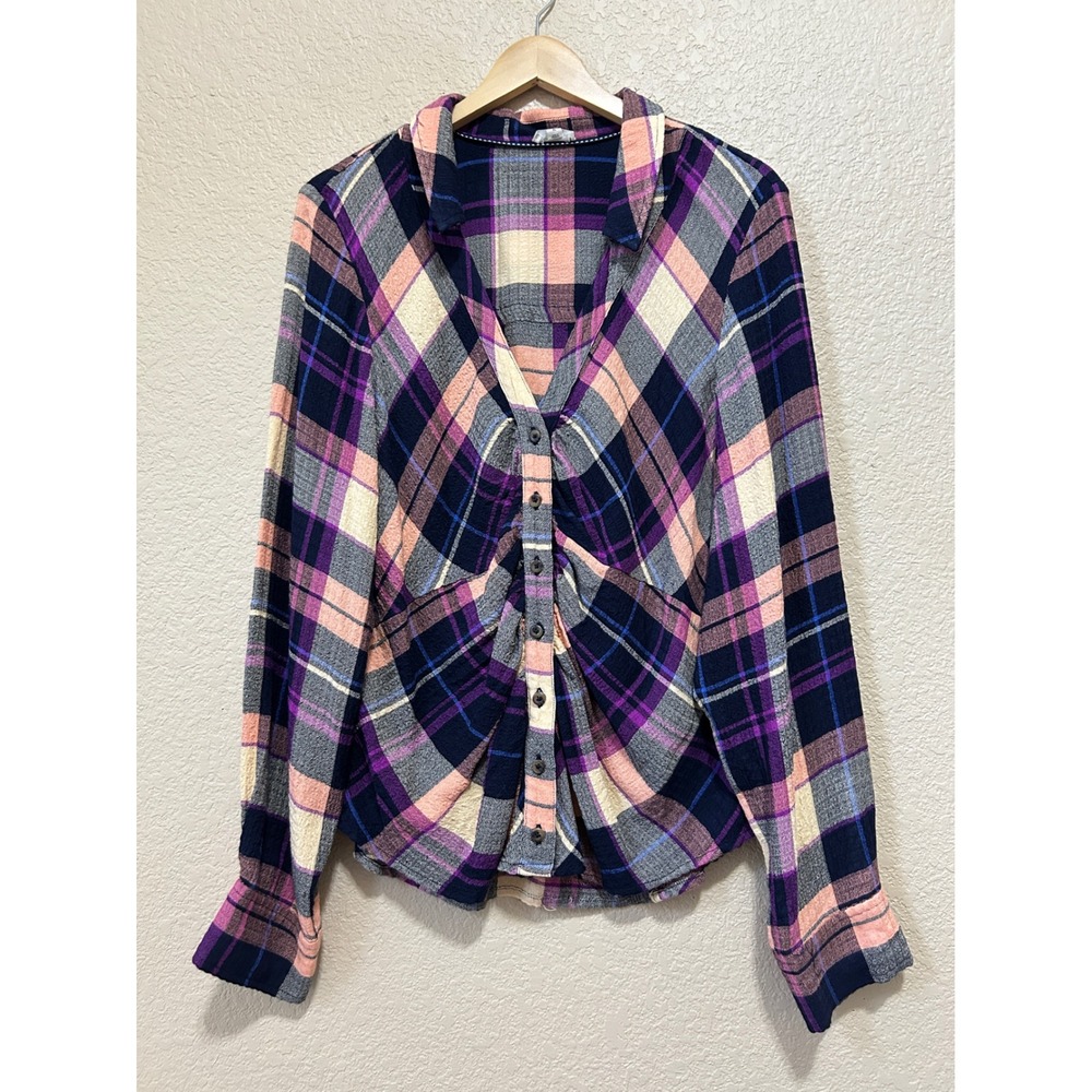 Pilcro XL Ruched Plaid Shirt Purple Peach Navy Boho Button Front Long Sleeve